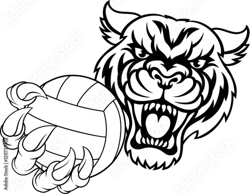 A tiger volleyball animal sports mascot holding a volley ball in his claw