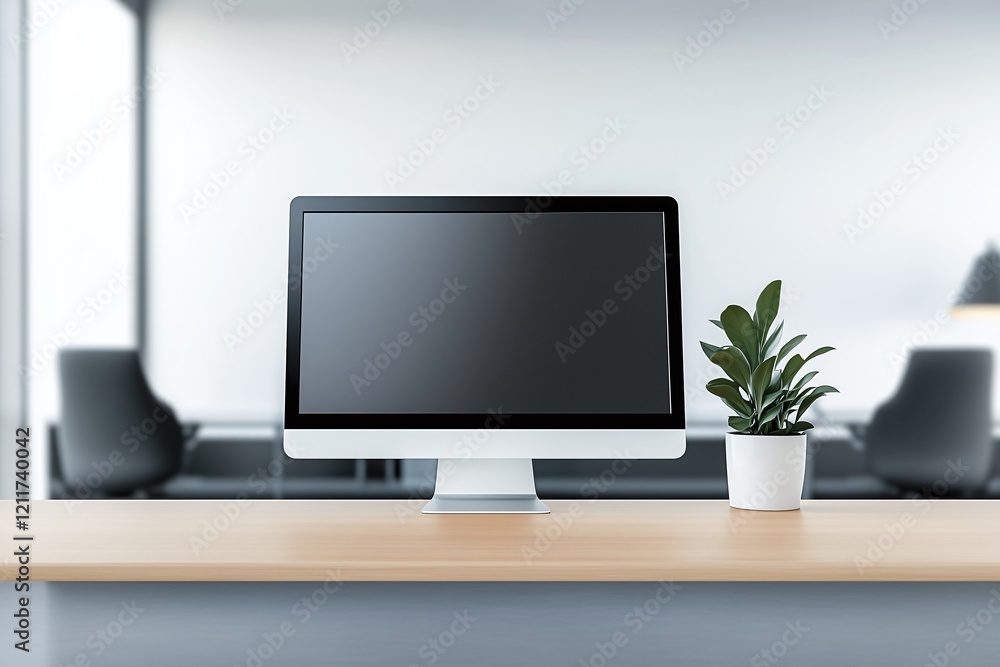 Modern office workspace with computer and plant clean environment minimalist design Modern office workspace with computer and plant clean environment minimalist design