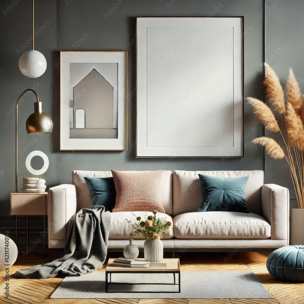 Fototapeta premium A beautifully designed living room showcases a sleek sofa adorned with cushions, complemented by tasteful wall art and soft lighting, creating an inviting atmosphere perfect for relaxation