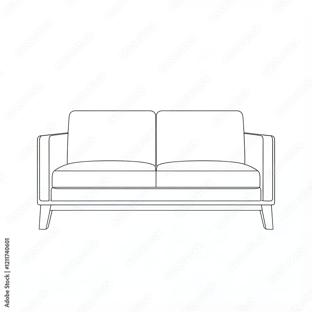 A line drawing of a simple two-seater couch with cushions and armrests. A line drawing of a simple two-seater couch with cushions and armrests.
