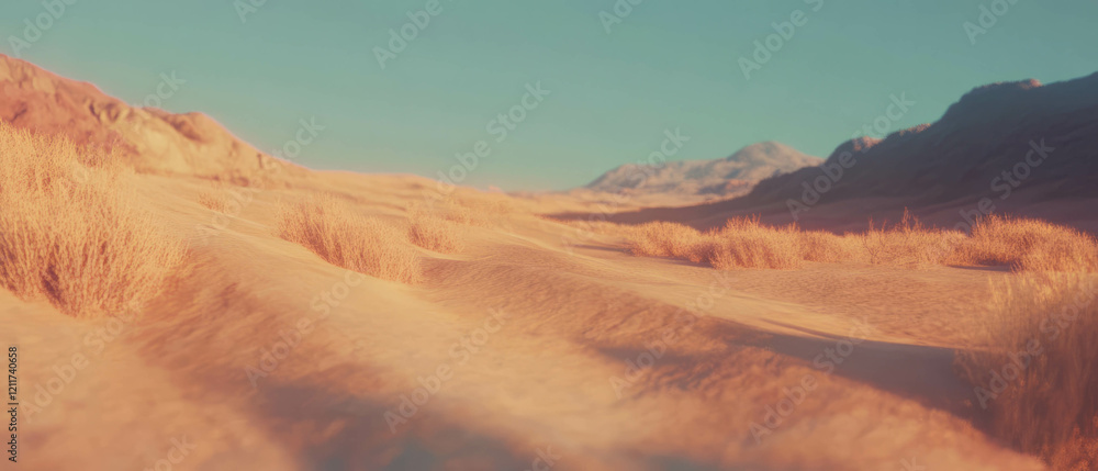 Naklejka premium Golden sand dunes with windblown patterns under a clear blue sky during sunset