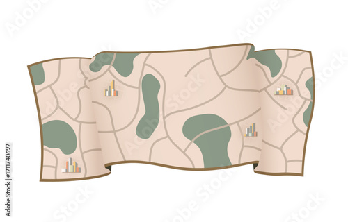 Paper map with city point. Local street gps navigate. City route navigation to marker. Geography distance plan. Vector illustration on white background