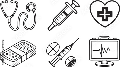 Medical symbols, medical supplies, masks, viruses, vector line illustrations, collection of different shapes