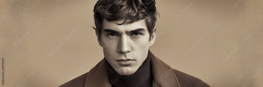 Obraz premium Close-up portrait of a young man with styled hair and a turtleneck in a neutral-toned background during a studio photoshoot
