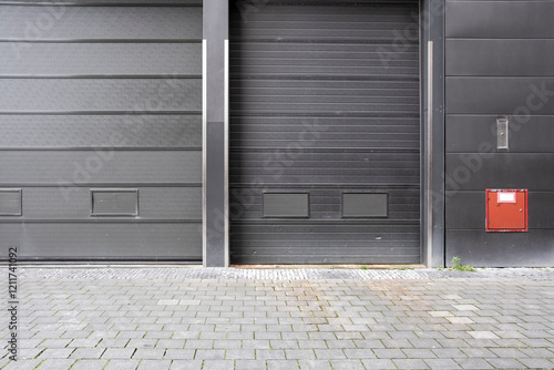 The image showcases two sleek, modern garage doors in a contemporary urban setting, emphasizing minimalism and the stark design of industrial architecture. photo