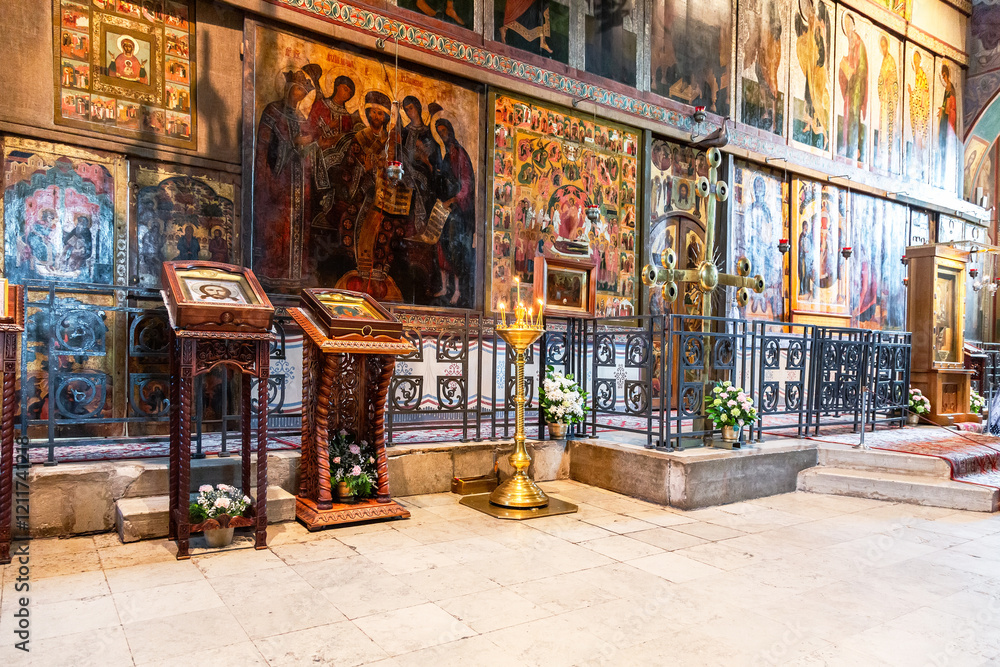 Obraz premium Interior of the orthodox St. Sophia Cathedral. Iconostasis with ancient icons and altar part of the cathedral