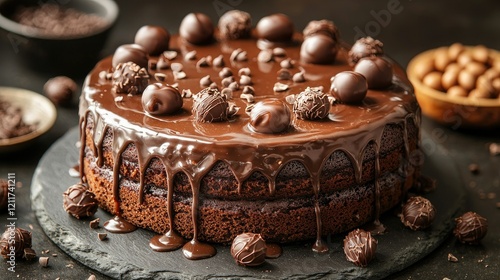 Decadent Chocolate Cake Topped With Chocolate Truffles photo