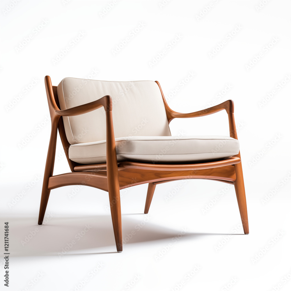 MidCentury Modern Armchair Teak Wood Beige Upholstery MidCentury Modern Armchair Teak Wood Beige Upholstery