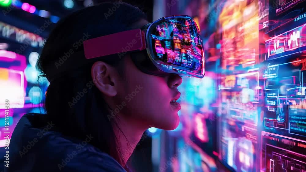 A user engages with an advanced virtual shopping environment, surrounded by vibrant digital displays showcasing various products and information. The atmosphere is lively and futuristic.
