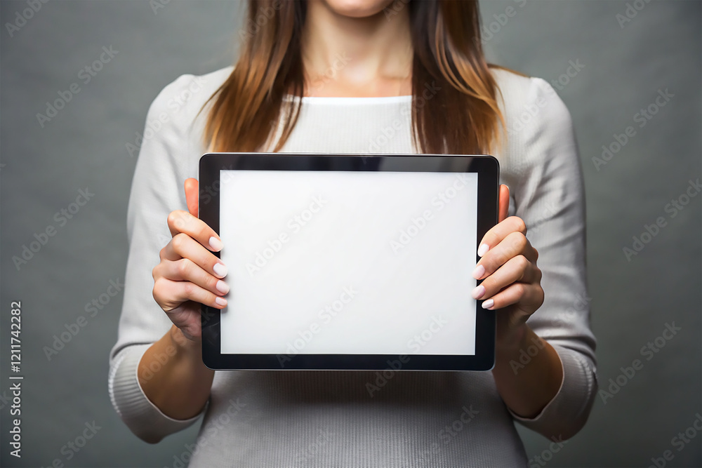 Naklejka premium Hand holding black tablet with blank white screen on isolated background, blank white screen mockup