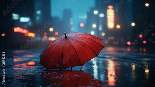 Wallpaper Mural Lonely Red Umbrella in Rainy City Night Torontodigital.ca