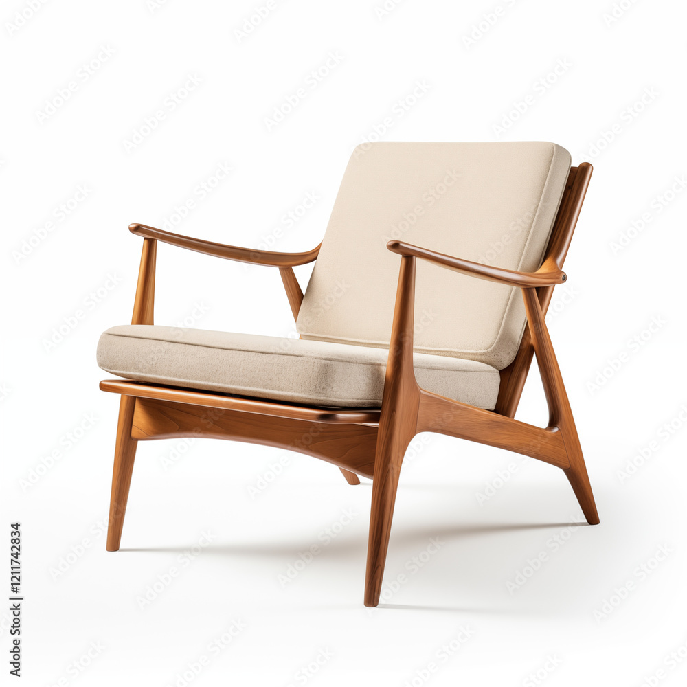 MidCentury Modern Armchair Beige Upholstery Wooden Frame MidCentury Modern Armchair Beige Upholstery Wooden Frame