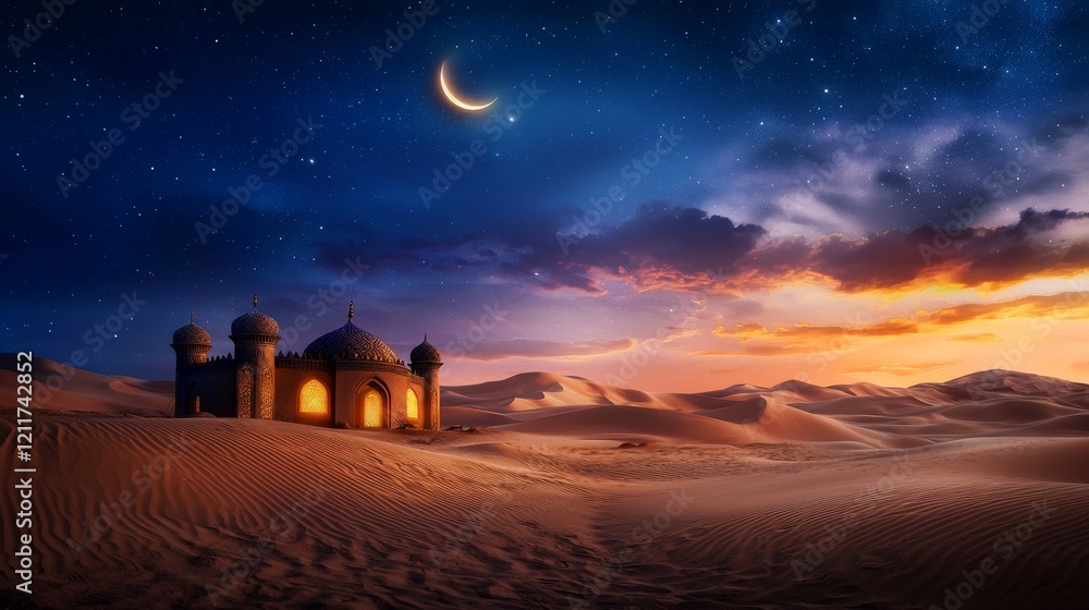 Fototapeta premium Enchanted Arabian Night Scene with Crescent Moon Over Desert Landscape and Glowing Palace Under a Starry Sky