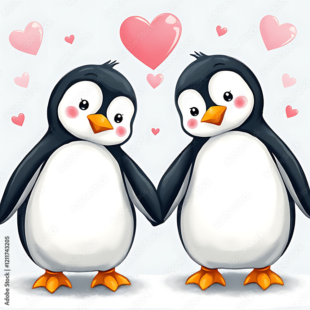 Fototapeta premium two cute penguins with heart shapes floating 