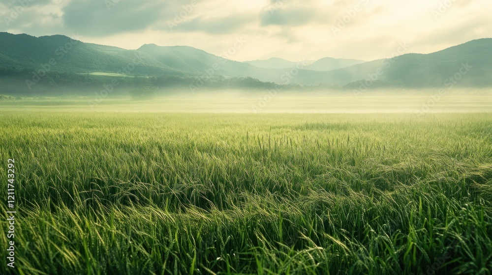 Fototapeta premium A mesmerizing landscape featuring green grass under a cloudy sky with soft morning mist