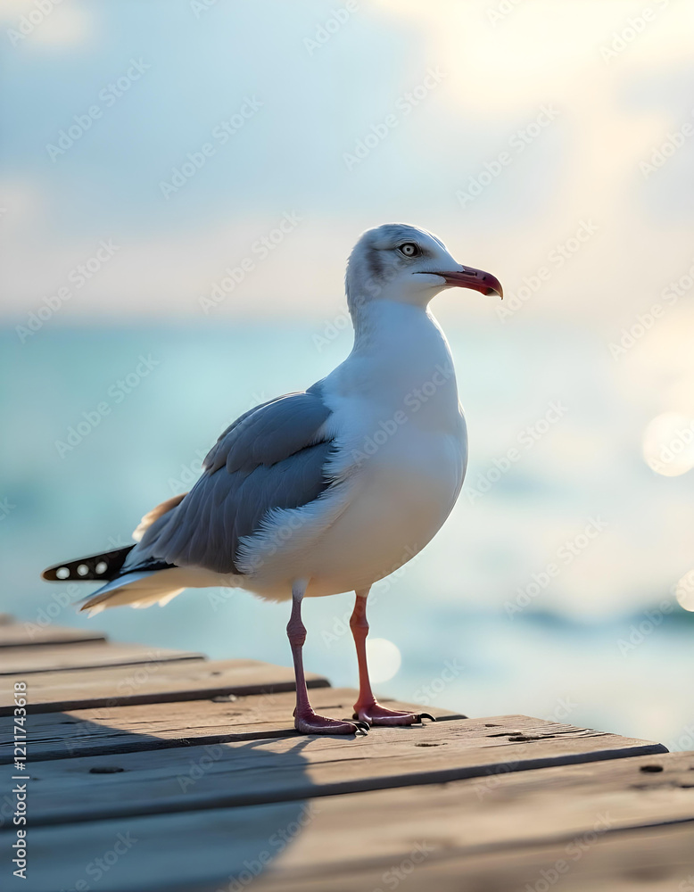 a seagull standing on a wooden pier near the ocean a seagull standing on a wooden pier near the ocean