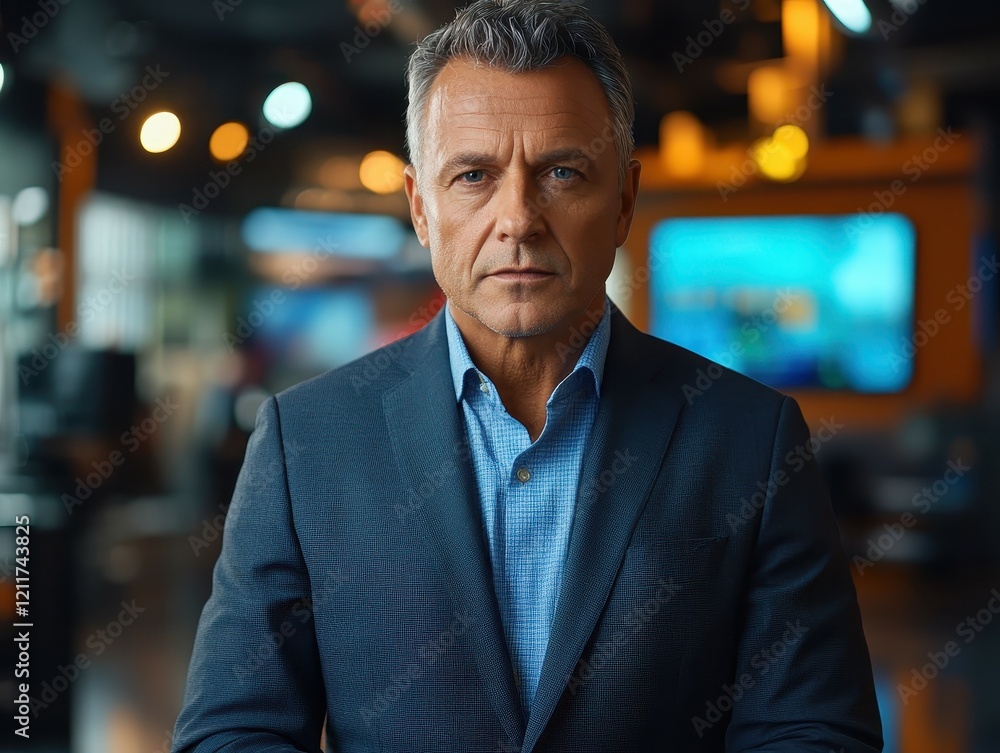 Fototapeta premium News anchor, presenting breaking news, serious expression, TV studio background, confident