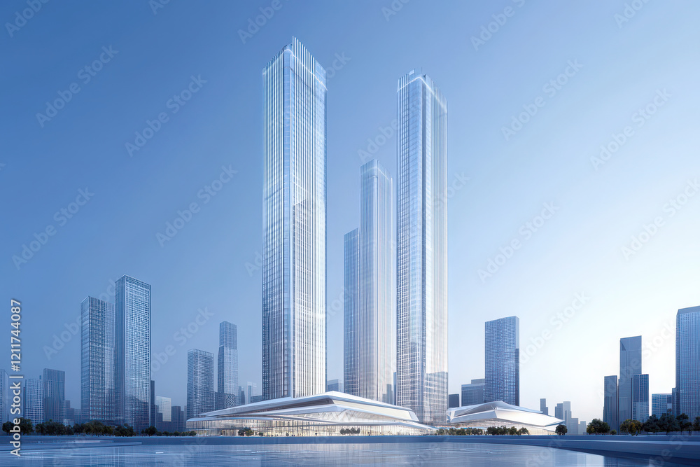 Naklejka premium Dynamic skyscrapers with modern architecture in urban skyline