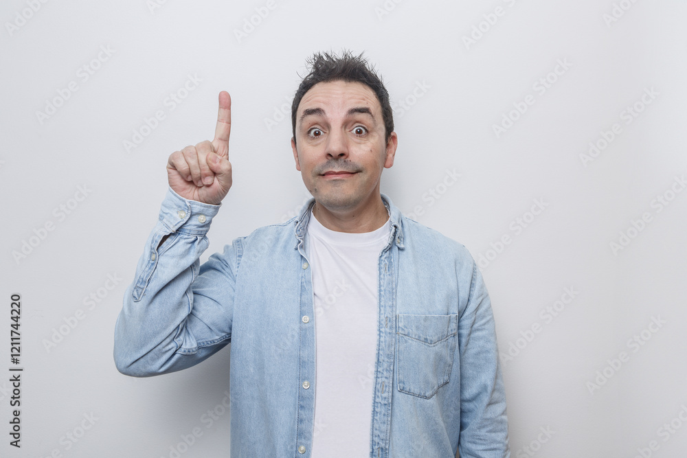 Man points upwards with a playful expression in a simple indoor setting during daylight hours Man points upwards with a playful expression in a simple indoor setting during daylight hours
