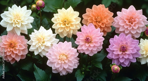 Close-Up of an Array of Beautiful Dahlia Flowers in Vibrant Colors for Floral and Elegant Designs photo