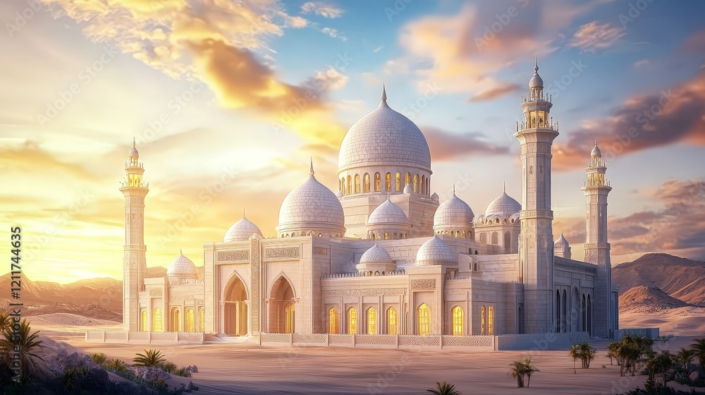 Obraz premium Majestic Arabian Palace Surrounded by Intricate Domes and Arches, Bathed in the Glow of a Sunset Sky, Perfect for Cultural and Architectural Themes
