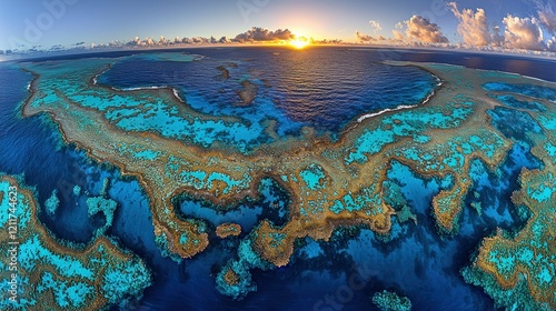 Fototapeta Naklejka Na Ścianę i Meble -  Aerial View of the Great Barrier Reef at Sunset