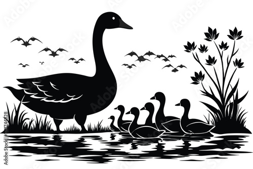 black silhouette geese on the lake white background