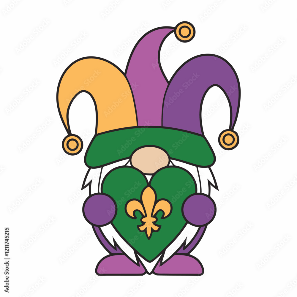 Mardi Gras Gnome Holding Fleur-de-Lis Heart Illustration Mardi Gras Gnome Holding Fleur-de-Lis Heart Illustration