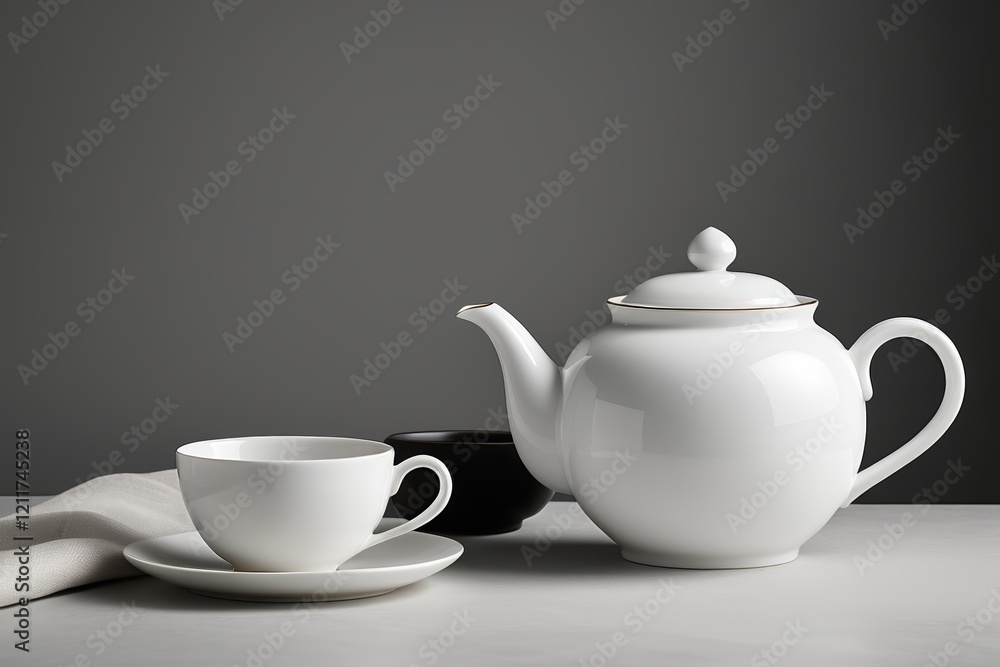 there is a white tea pot and a cup on a table there is a white tea pot and a cup on a table