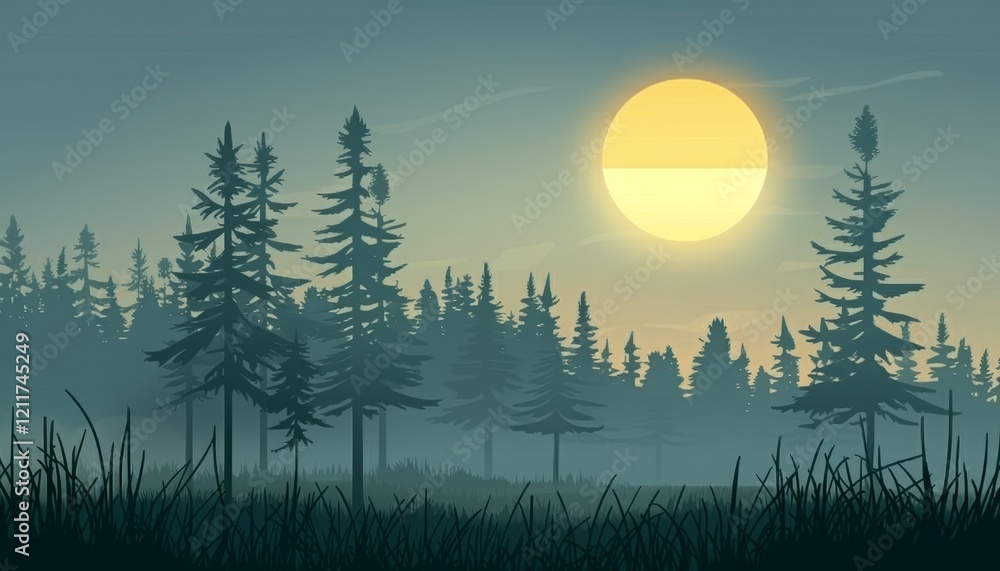 A scenic landscape with a large sun in the sky behind a misty forest. A scenic landscape with a large sun in the sky behind a misty forest.