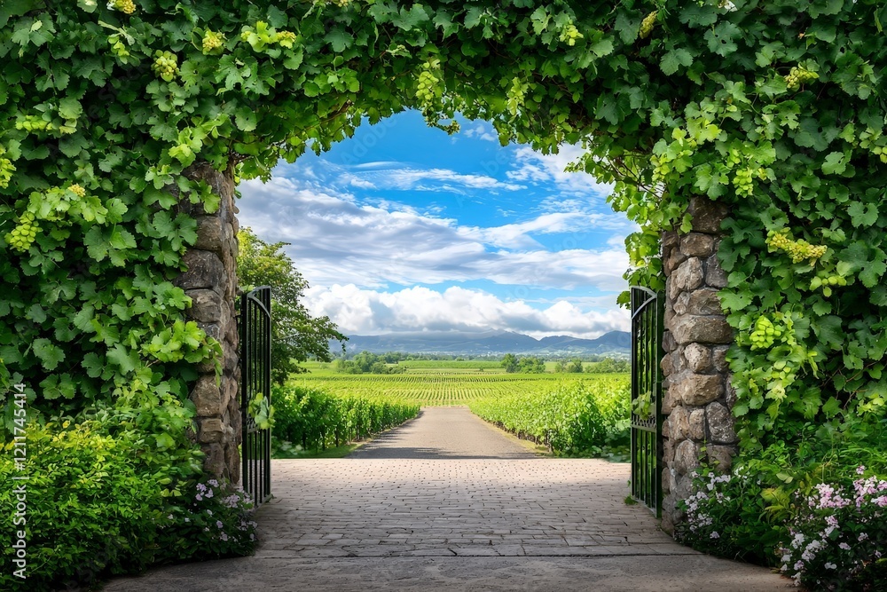 Inviting Entrance to a Rustic Vineyard Framed by Lush Climbing Vines under a Bright Blue Sky – A Serene View into Verdant Landscapes Inviting Entrance to a Rustic Vineyard Framed by Lush Climbing Vines under a Bright Blue Sky – A Serene View into Verdant Landscapes