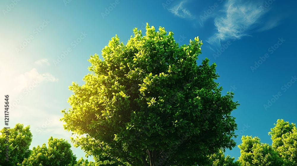 Lush Green Tree Under Bright Blue Sky with Soft Clouds and Sunlight Lush Green Tree Under Bright Blue Sky with Soft Clouds and Sunlight