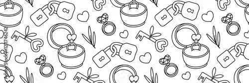 Marry me seamless doodle pattern. Engagement ring with diamond in box. Happy Valentines day background. Locks and key are symbols of love. Wedding day clipart. Vector outline illustration.