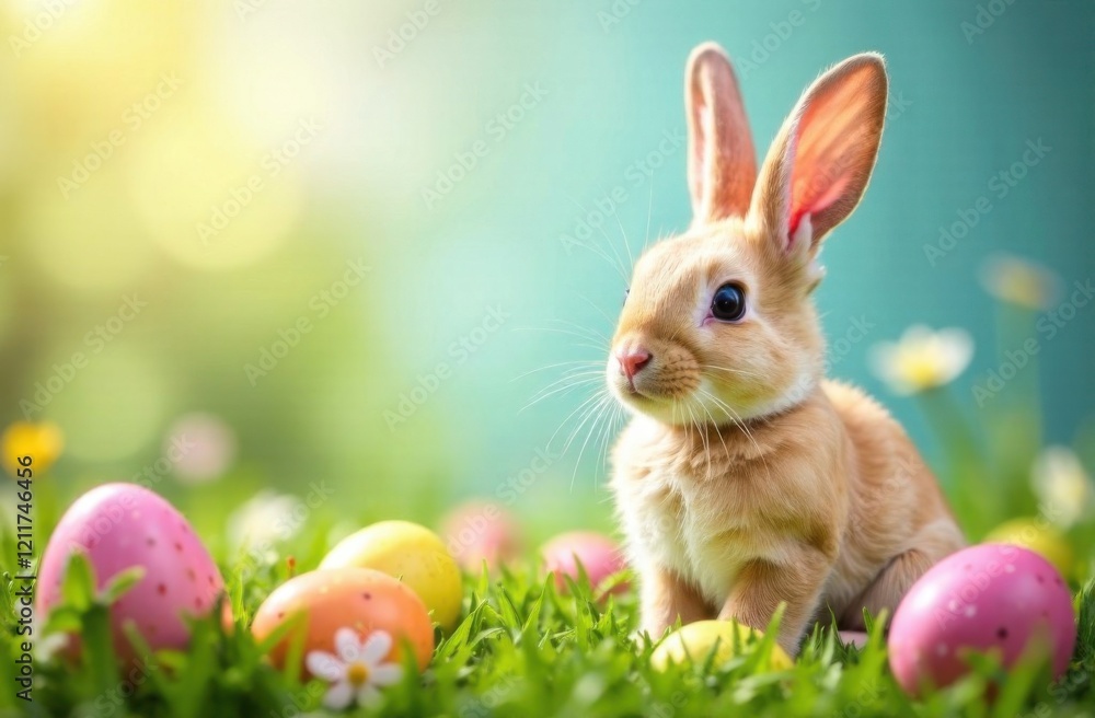 Fototapeta premium Cute brown bunny sitting on grass with colorful Easter eggs and daisies in a sunny springtime setting