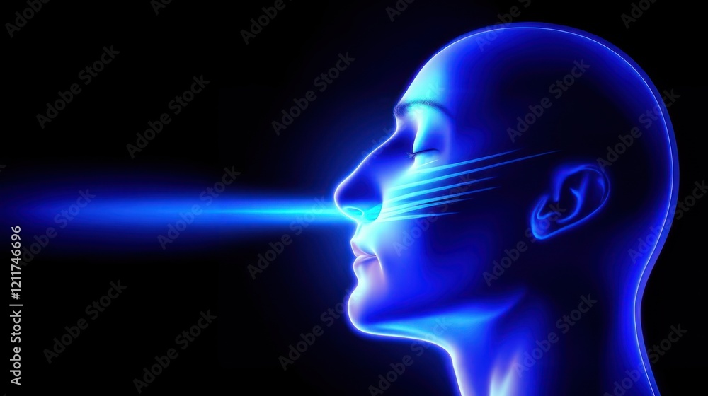 Side view illustration of nose and ear with breathing tension blue lighting on dark background, represents asthma cough, cold, flu consultations, and the need for decongestants Side view illustration of nose and ear with breathing tension blue lighting on dark background, represents asthma cough, cold, flu consultations, and the need for decongestants