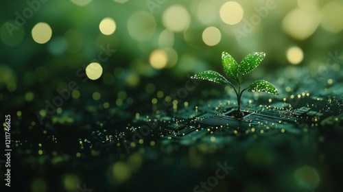 A green tree on a circuit board. Symbolizing environmental protection and the ecology. Environmental sustainability. Eco-friendly. Green energy. Futuristic tech. Eco-friendly tree. Nature protection