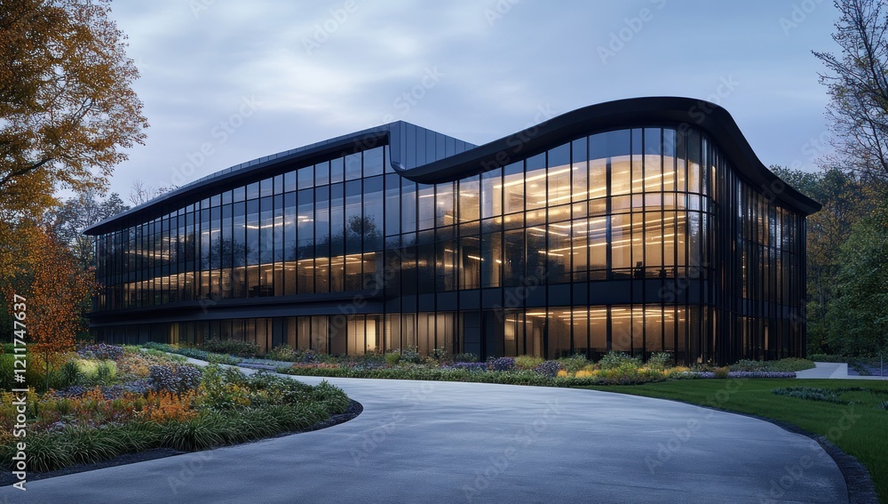 Modern Glass Corporate Building at Dusk Modern Glass Corporate Building at Dusk
