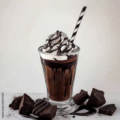 Chocolate brownie milkshake, black and white striped straw on a white background photo