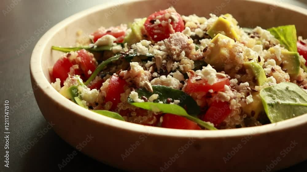 Healthy Salad with Quinoa, Avocado, Seeds, and Cheese Close-Up Healthy Salad with Quinoa, Avocado, Seeds, and Cheese Close-Up