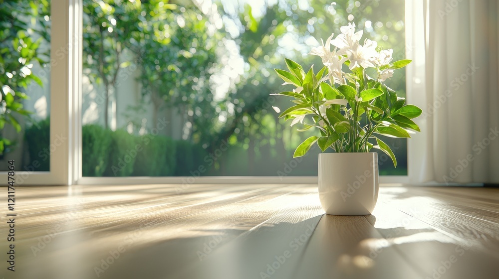Fototapeta premium Potted plant by sunlit window, green garden view, home interior, peaceful scene, ideal for home decor