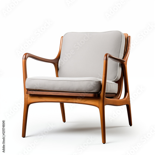 MidCentury Modern Armchair Light Grey Fabric Wooden Legs