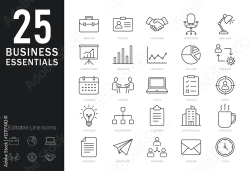 Business essentials line editable icons set. Vector illustration in modern thin line style of office and work icons. Business tools, productivity, office environment - stock vector