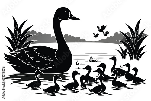 black silhouette geese on the lake white background