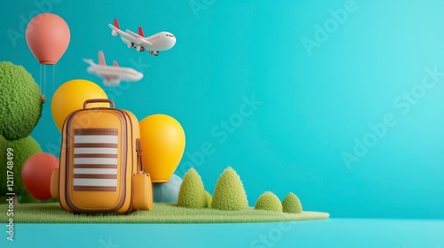 Colorful Travel Scene with Luggage, Balloons, and Airplanes