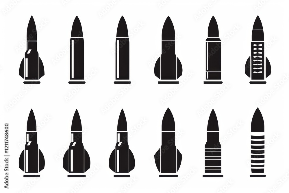 Bullet icon, black shell symbol, military cartridge silhouette, minimal gun sleeve emblem, weapon sign Bullet icon, black shell symbol, military cartridge silhouette, minimal gun sleeve emblem, weapon sign