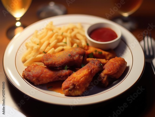 Plate of chicken wings, French fries with sauce in a white plate photo