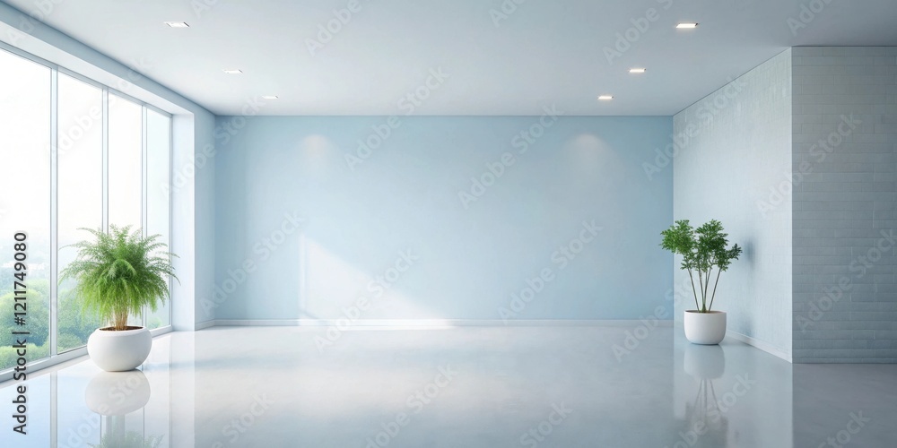 Serene Minimalist Room Interior Design with Plants and Large Window Featuring Light Blue Walls and Polished Floor