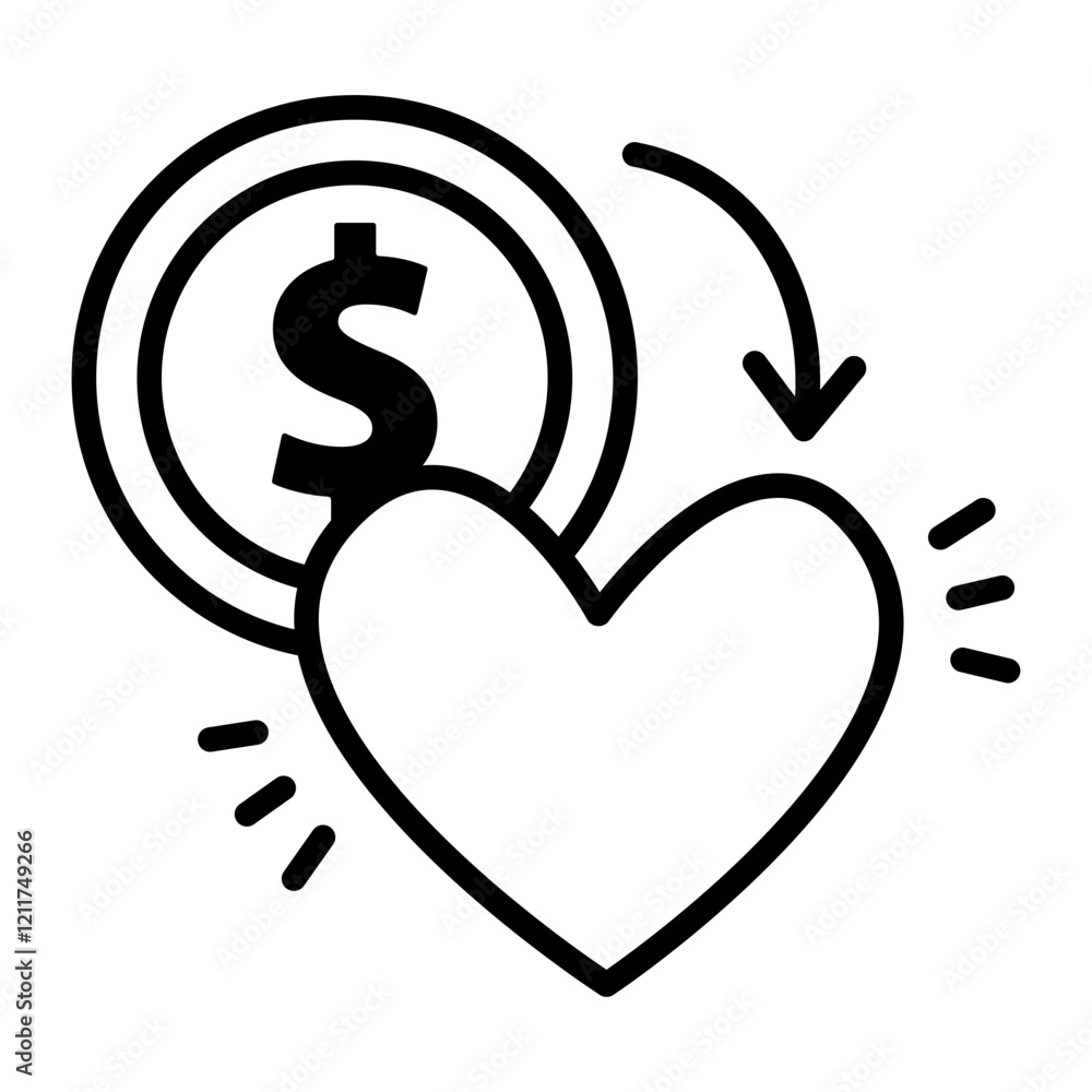 An icon showing spending money on things you like. Dollar coin is transformed into heart. An icon showing spending money on things you like. Dollar coin is transformed into heart.