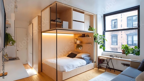 Modern Minimalist Micro-Apartment Design: Space-Saving Loft Bed and Built-in Storage