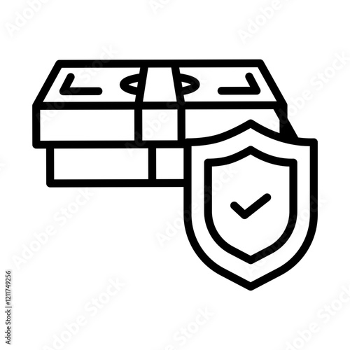 Image icon for protecting assets. Includes banknotes and a shield.